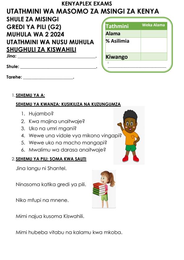 Preview page Grade-2-Shughuli-za-Kiswahili-Mid-Term-2-Exam-2024_2638_0.jpg