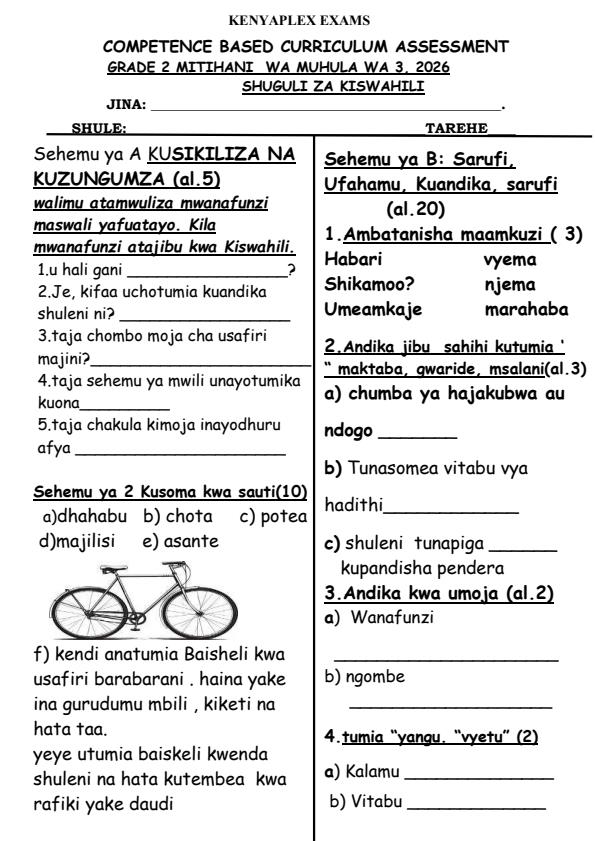 Preview page Grade-2-Shughuli-za-Kiswahili-September-Assessment-Examination-2026_6695_0.jpg