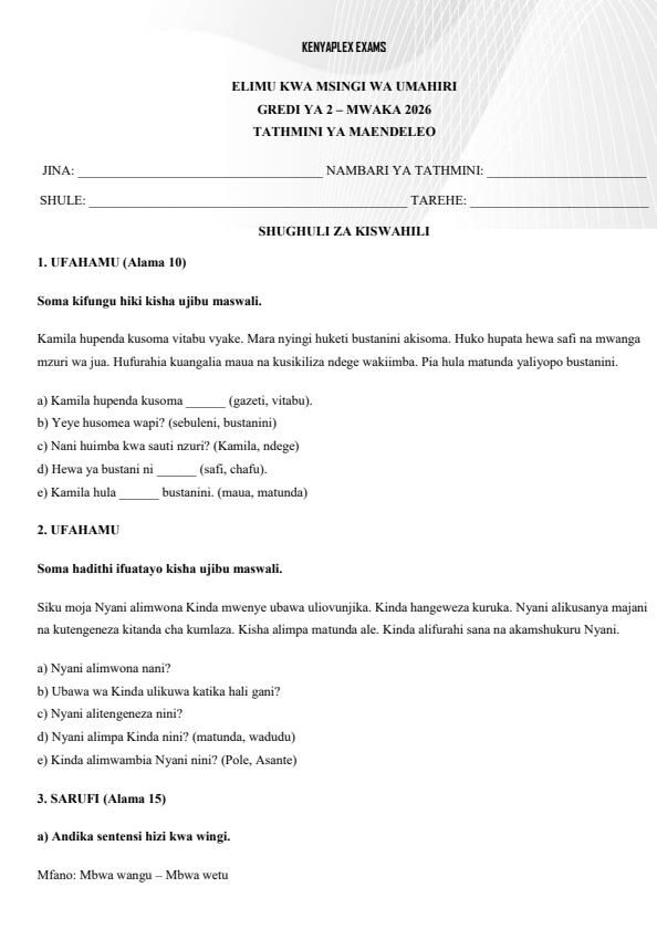Preview page Grade-2-Shughuli-za-Kiswahili-Term-2-Opener-Exam-2026_5538_0.jpg