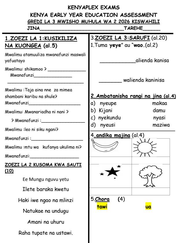 Preview page Grade-3-Kiswahili-Activities-July-Assessment-Examination-2026_6320_0.jpg