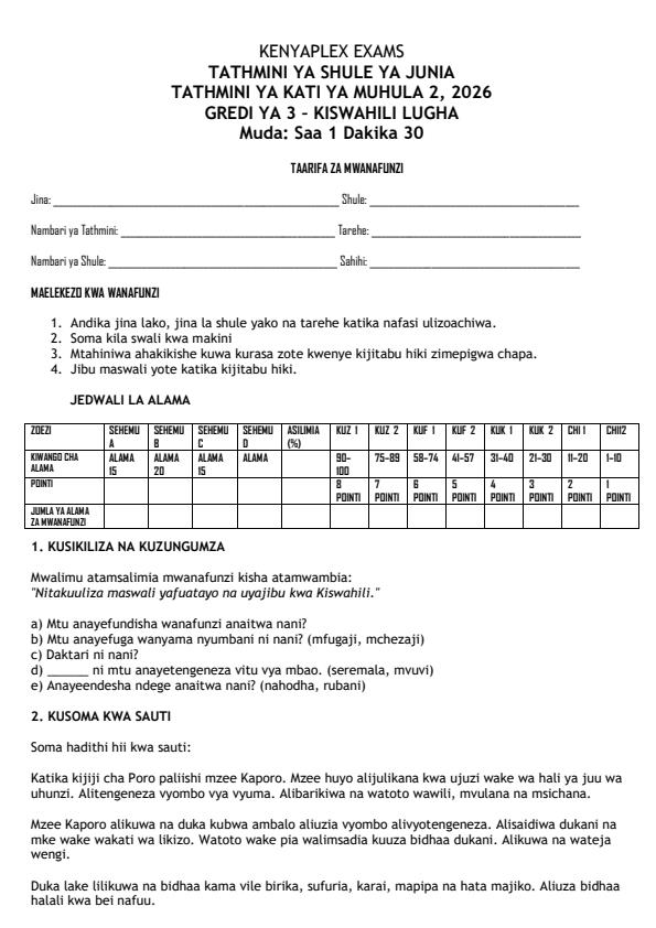 Preview page Grade-3-Kiswahili-Mid-Term-2-Exam-2026_5812_0.jpg