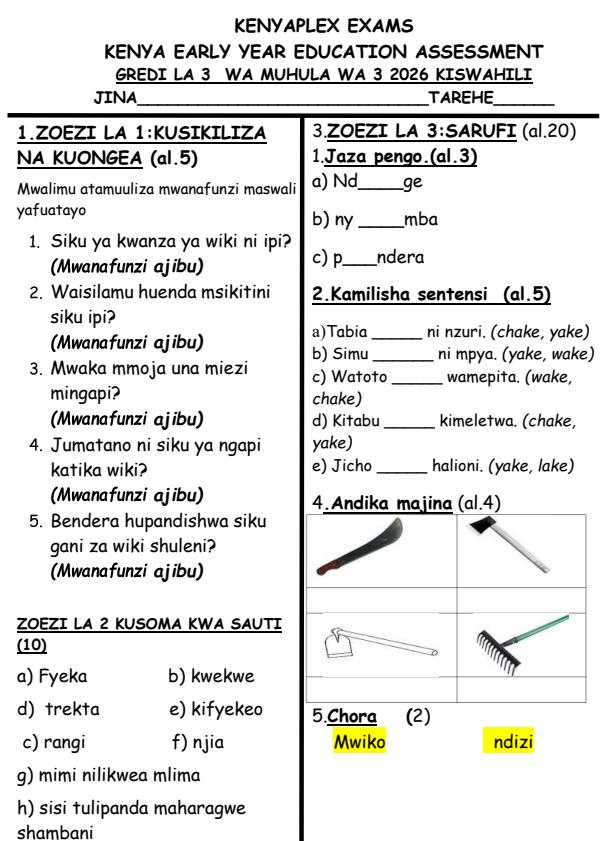 Preview page Grade-3-Kiswahili-September-Assessment-Examination-2026_6699_0.jpg