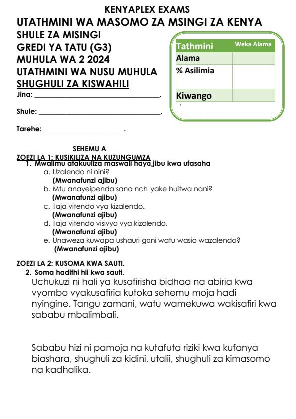 Preview page Grade-3-Shughuli-za-Kiswahili-Mid-Term-2-Exam-2024_2644_0.jpg