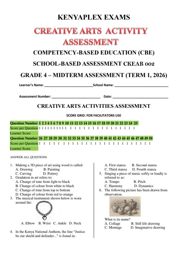 Preview page Grade-4-Creative-Arts-Mid-Term-1-Exam-2026_5198_0.jpg
