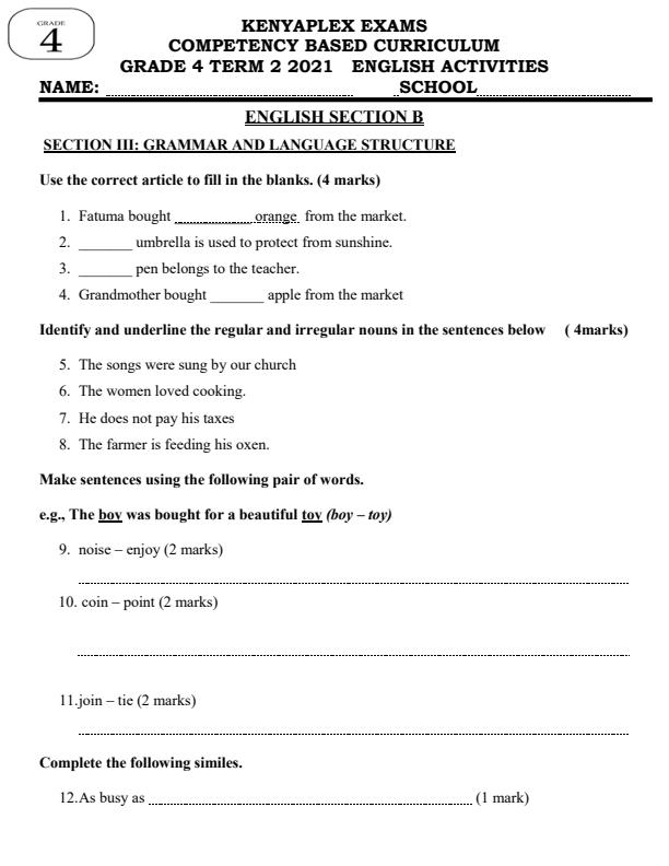Preview page Grade-4-English-Activities-End-of-Term-2-Examination-2021_909_0.jpg