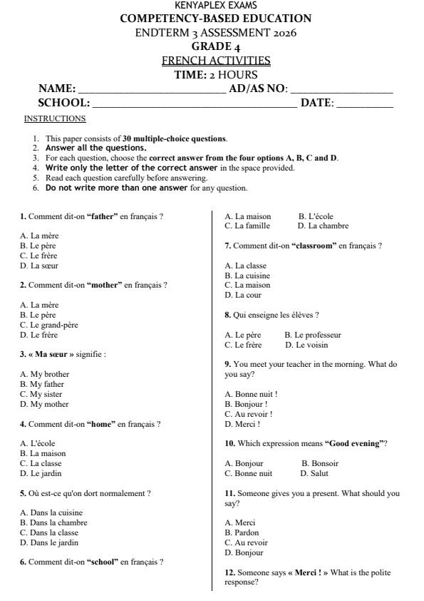 Preview page Grade-4-French-End-Term-3-Set-2-Exam-2026_7072_0.jpg