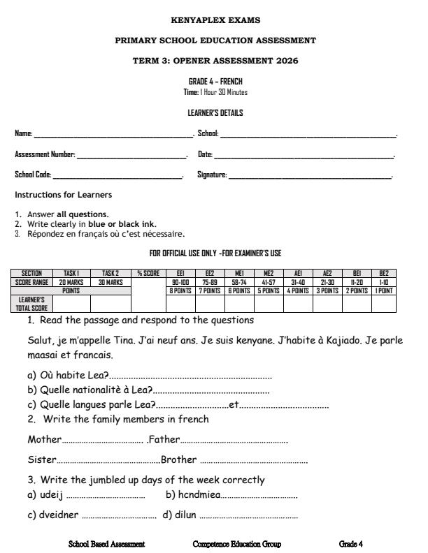 Preview page Grade-4-French-September-Assessment-Examination-2026_6707_0.jpg