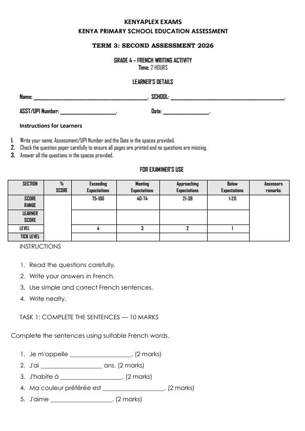 Preview page Grade-4-French-Writing-Activity-End-Term-3-Exam-2026_6813_0.jpg