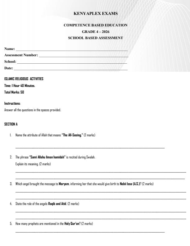 Preview page Grade-4-Islamic-Religious-Education-Term-2-Opener-Exam-2026_5553_0.jpg