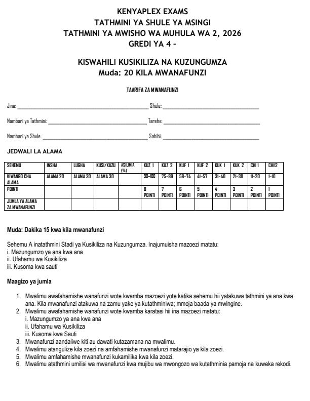 Preview page Grade-4-Kiswahili--Kusikiliza-na-Kuzungumza-July-Assessment-Examination-2026_6282_0.jpg