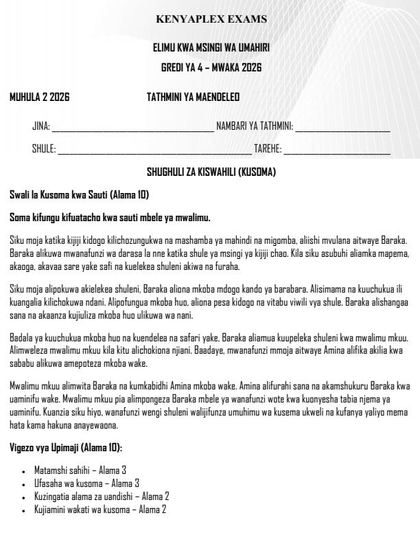 Preview page Grade-4-Kiswahili-Kusikiliza-na-Kuongea-Term-2-Opener-Exam-2026_5555_0.jpg