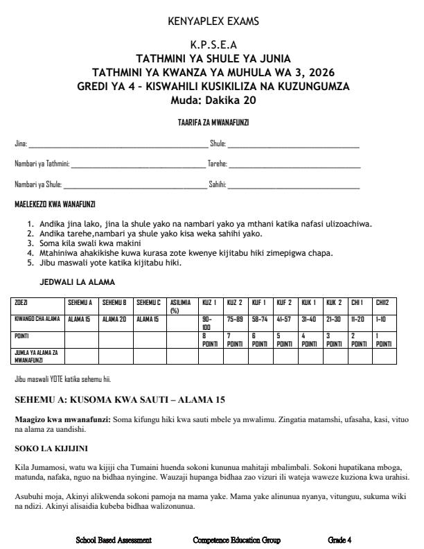 Preview page Grade-4-Kiswahili-Kusikiliza-na-Kuzungumza-September-Assessment-Examination-2026_6713_0.jpg