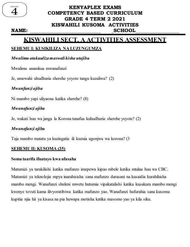 Preview page Grade-4-Kiswahili-Kusoma-A-End-of-Term-2-Examination-2021_911_0.jpg