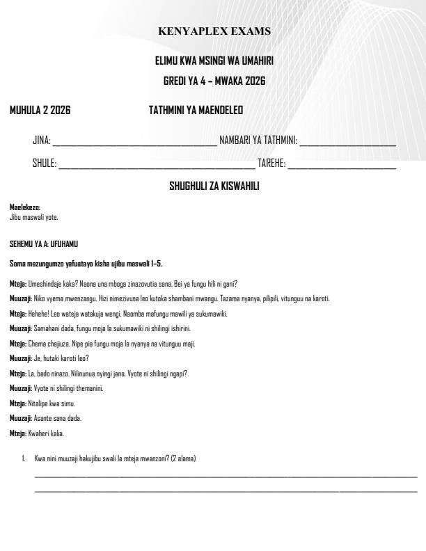 Preview page Grade-4-Kiswahili-Lugha-Term-2-Opener-Exam-2026_5556_0.jpg