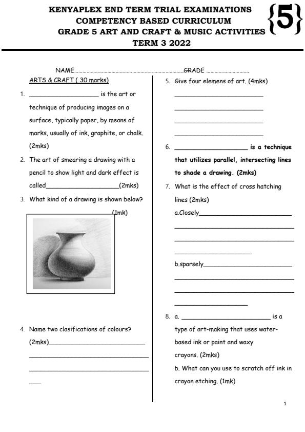 Grade 5 Art and Craft and Music End of Term 3 Examination 2022 1098