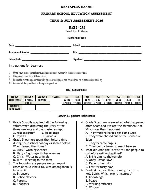 Preview page Grade-5-CRE-July-Assessment-Examination-2026_6260_0.jpg