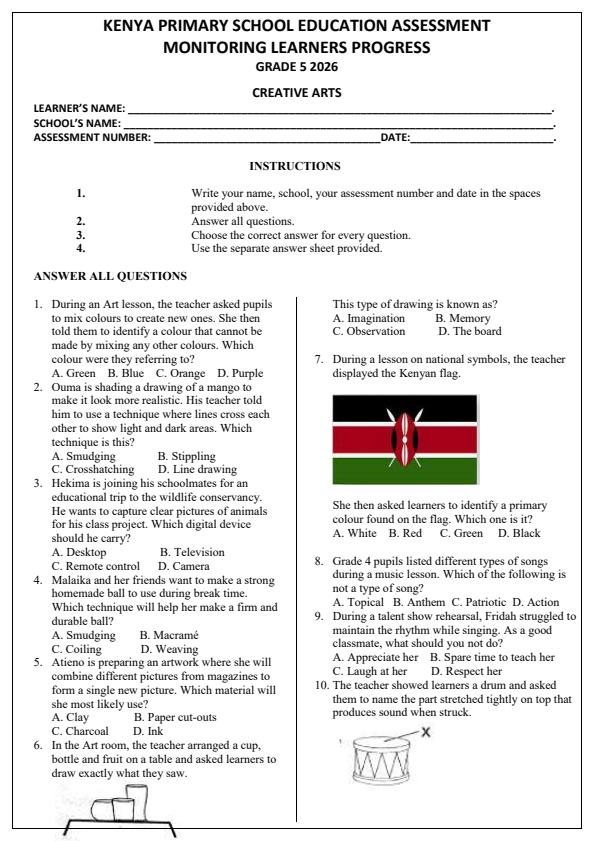 Preview page Grade-5-Creative-Arts-Opener-Exam-Term-1-2026_4956_0.jpg