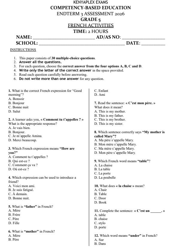 Preview page Grade-5-French-End-Term-3-Set-2-Exam-2026_7095_0.jpg