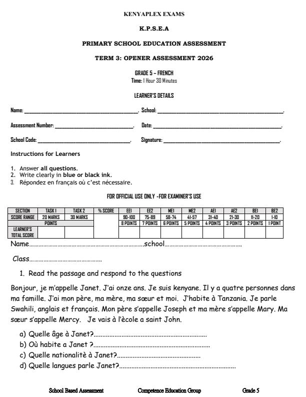 Preview page Grade-5-French-September-Assessment-Examination-2026_6736_0.jpg