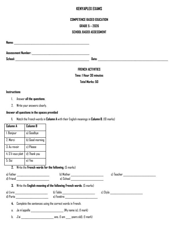 Preview page Grade-5-French-Term-2-Opener-Exam-2026_5566_0.jpg
