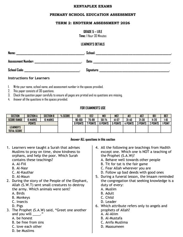 Preview page Grade-5-Islamic-Religious-Education-July-Assessment-Examination-2026_6266_0.jpg