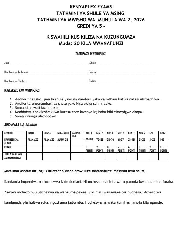 Preview page Grade-5-Kiswahili--Kusikiliza-na-Kuzugumza-End-Term-2-Exam-2026_6058_0.jpg