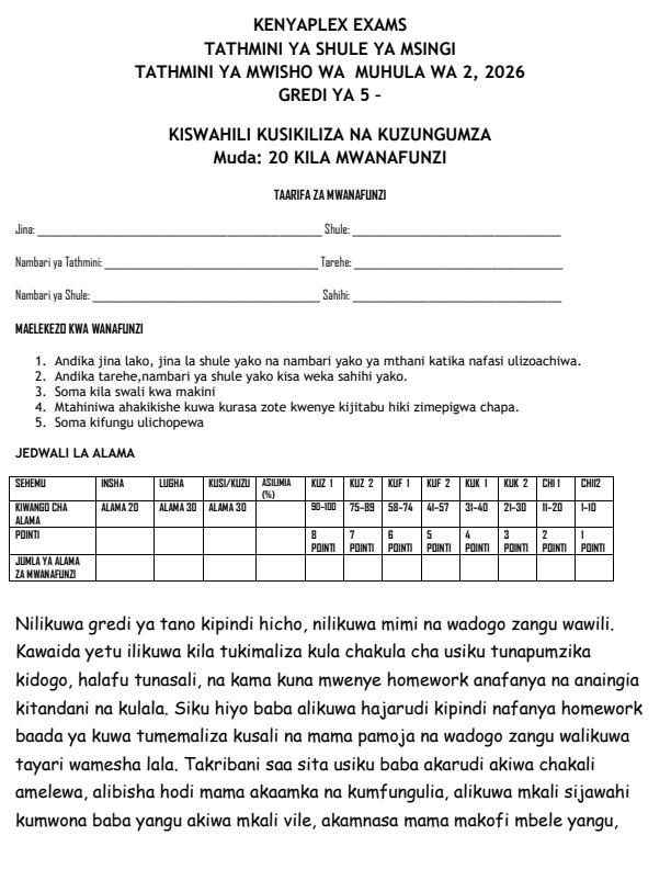 Preview page Grade-5-Kiswahili--Kusikiliza-na-Kuzugumza-July-Assessment-Examination-2026_6268_0.jpg