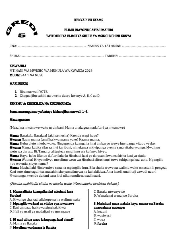 Preview page Grade-5-Kiswahili-End-Term-1-Exam-2026_5255_0.jpg