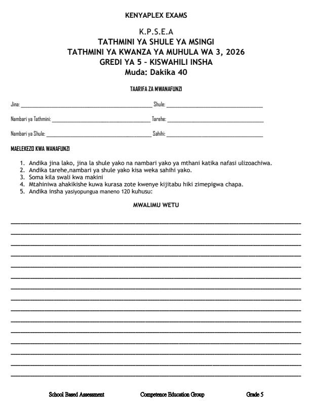 Preview page Grade-5-Kiswahili-Insha-September-Assessment-Examination-2026_6740_0.jpg