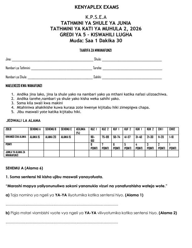 Preview page Grade-5-Kiswahili-Lugha-September-Assessement-Examination-2026_6741_0.jpg