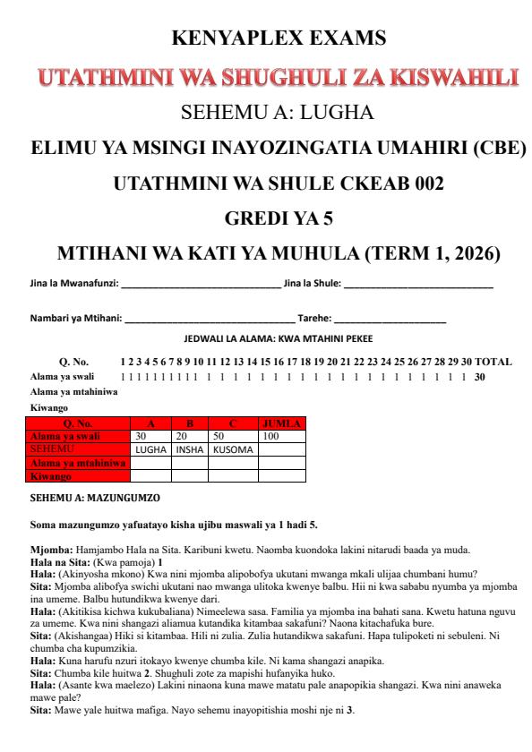 Preview page Grade-5-Kiswahili-Mid-Term-1-Exam-2026_5083_0.jpg