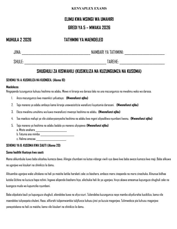 Preview page Grade-5-Shughuli-za-Kiswahili-Kusikiliza-na-Kuongea-Term-2-Opener-Exam-2026_5571_0.jpg