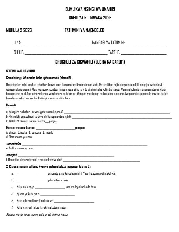 Preview page Grade-5-Shughuli-za-Kiswahili-Lugha-Term-2-Opener-Exam-2026_5572_0.jpg