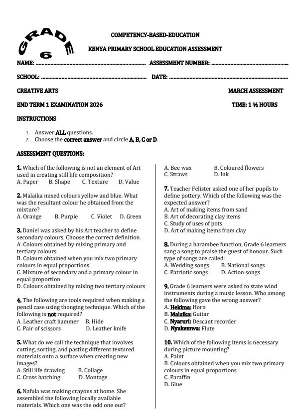 Preview page Grade-6-Creative-Arts-End-Term-1-Exam-2026_5355_0.jpg