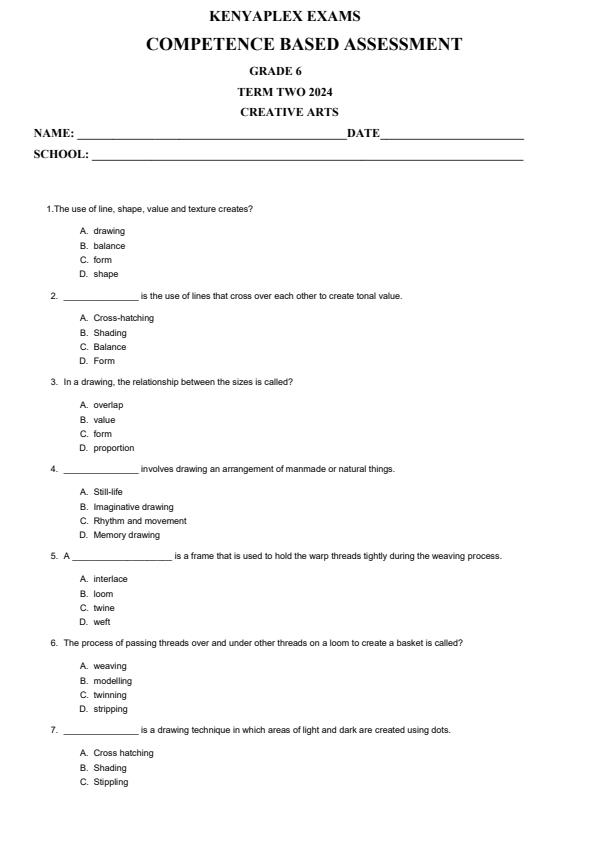 Preview page Grade-6-Creative-Arts-End-of-May-Assessment-Test-2024_2592_0.jpg