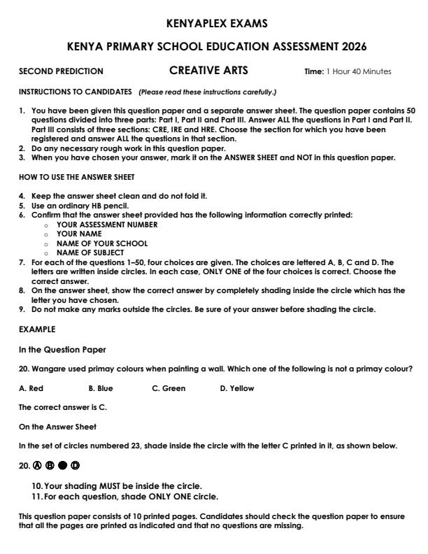 Preview page Grade-6-Creative-Arts-KPSEA-Prediction-Exam-2026-Set-2_6629_0.jpg