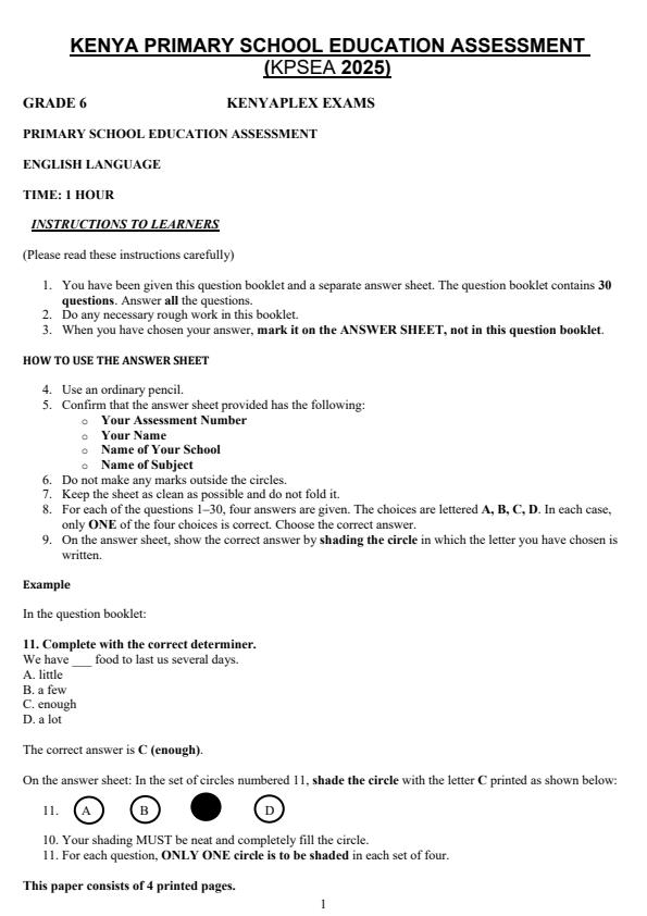 Preview page Grade-6-English-End-of-Term-3-KPSEA-Prediction-Exam-2025_4832_0.jpg