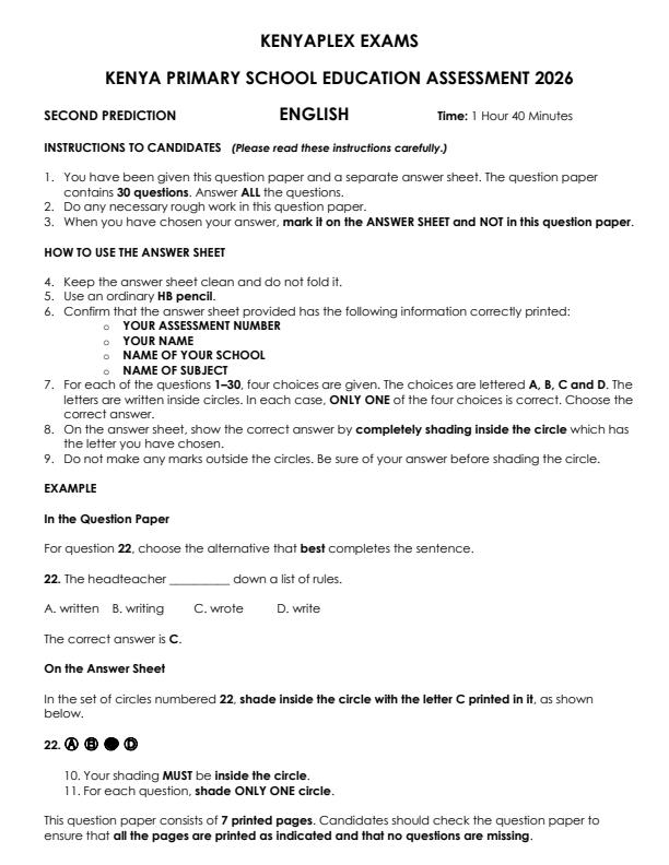 Preview page Grade-6-English-KPSEA-Prediction-Exam-2026-Set-2_6630_0.jpg