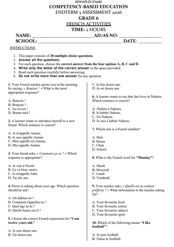 Preview page Grade-6-French-End-Term-3-Set-2-Exam-2026_7113_0.jpg