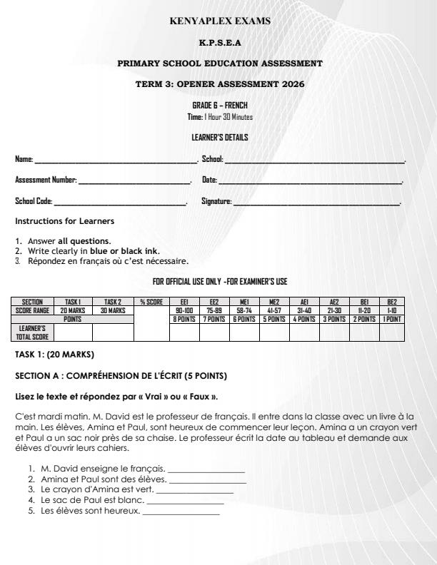 Preview page Grade-6-French-September-Assessment-Examination-2026_6761_0.jpg