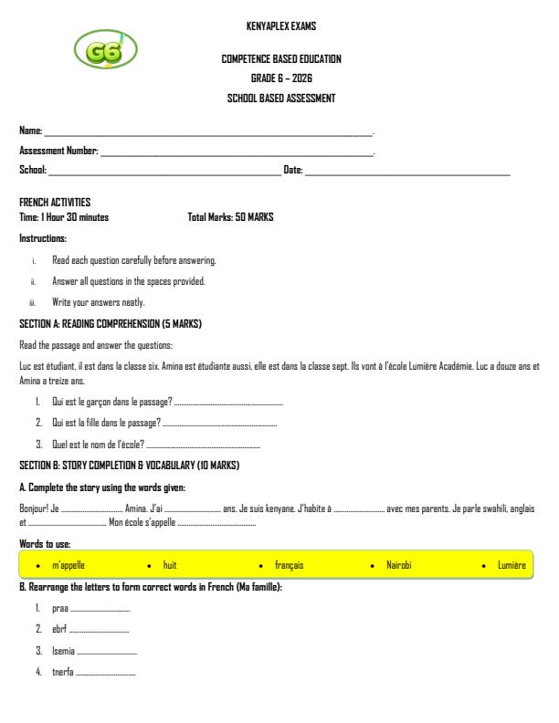 Preview page Grade-6-French-Term-2-Opener-Exam-2026_5582_0.jpg