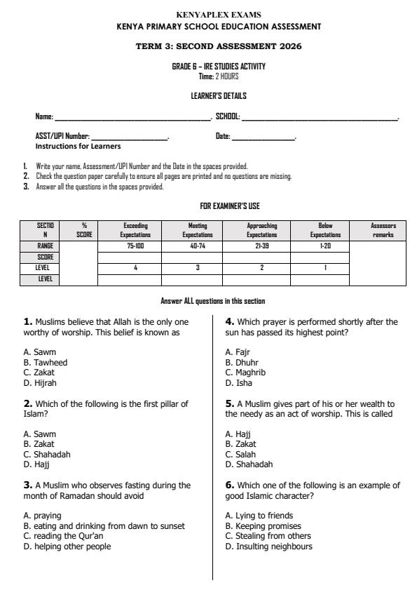 Preview page Grade-6-Islamic-Religious-Education-Activity-End-Term-3-Exam-2026_6869_0.jpg