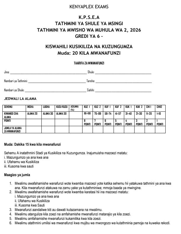 Preview page Grade-6-Kiswahili--Kusikiliza-na-Kuzungumza-July-Assessment-Examination-2026_6296_0.jpg