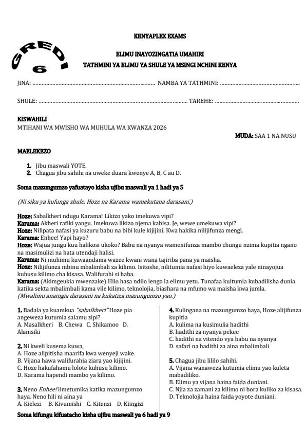 Preview page Grade-6-Kiswahili-End-Term-1-Exam-2026_5357_0.jpg