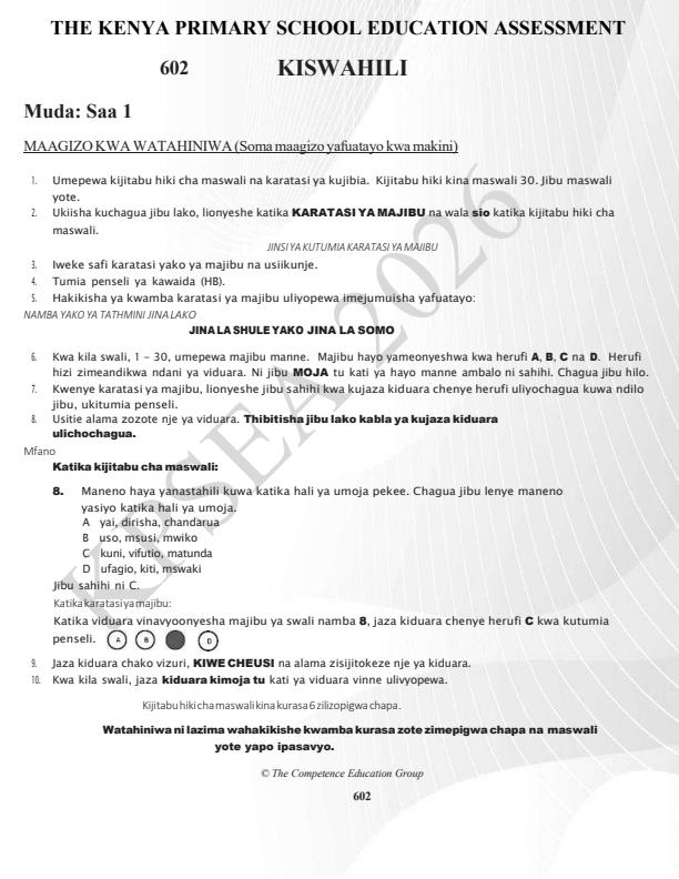 Preview page Grade-6-Kiswahili-KPSEA-Prediction-Exam-2026_6354_0.jpg
