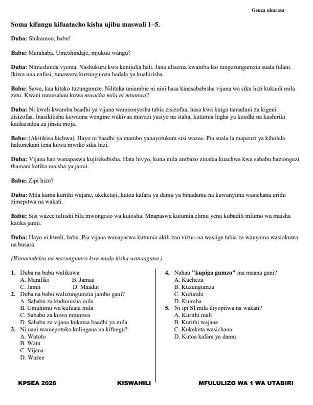 Preview page Grade-6-Kiswahili-KPSEA-Prediction-Exam-2026_6354_1.jpg