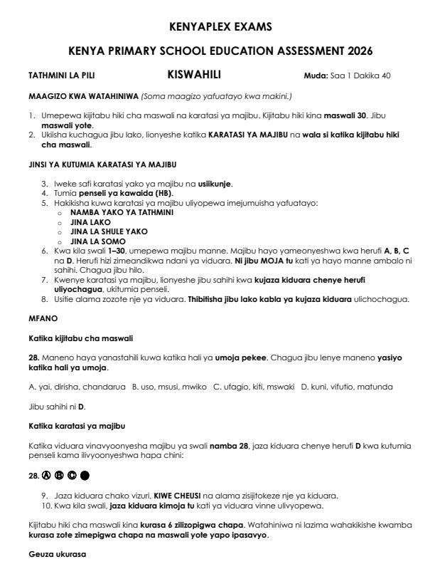 Preview page Grade-6-Kiswahili-KPSEA-Predition-Exam-2026-Set-2_6631_0.jpg