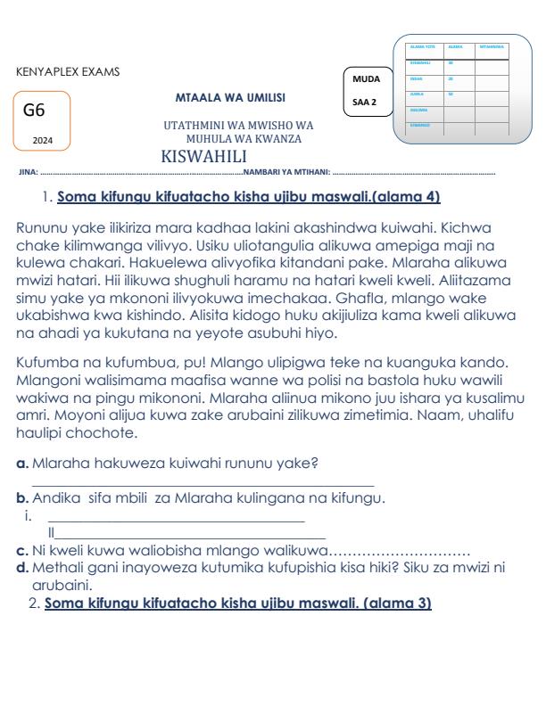 Preview page Grade-6-Kiswahili-Structured-Assessment-End-Term-1-2024_2350_0.jpg
