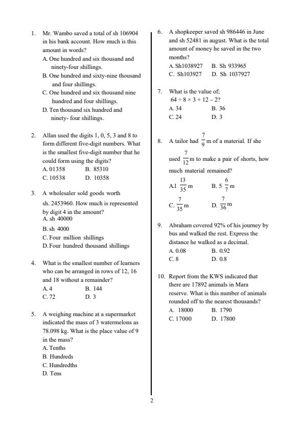 Preview page Grade-6-Mathematics-End-of-Term-3-KPSEA-Prediction-Exam-2025_4834_1.jpg