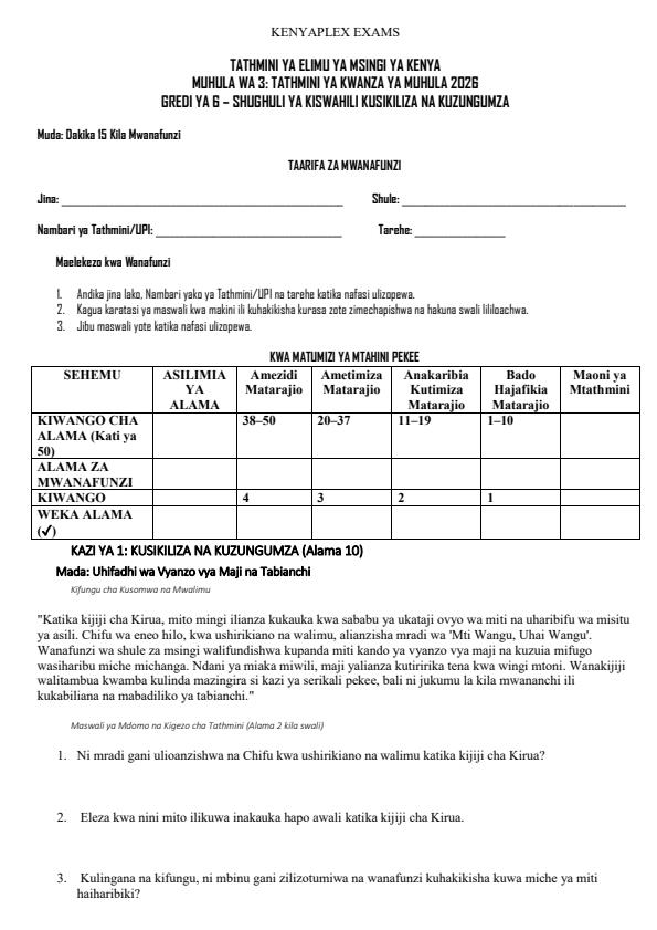 Preview page Grade-6-Shughuli-ya-Kiswahili--Kusikiliza-na-Kuzungumza-Term-3-Opener-Exam-2026_6464_0.jpg